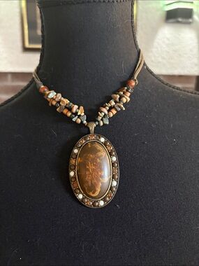 Artisan Brown Stone Oval Pendant Necklace with Bead Accents
